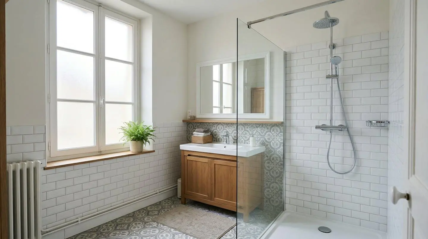 Salle de bain moderne rénovée avec douche à l'italienne et receveur extra-plat