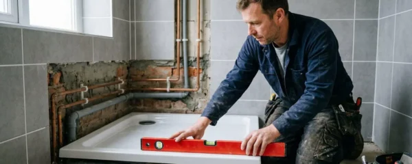 Technicien vérifiant le niveau d'un receveur de douche blanc sur pieds réglables