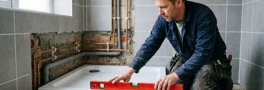 Technicien vérifiant le niveau d'un receveur de douche blanc sur pieds réglables