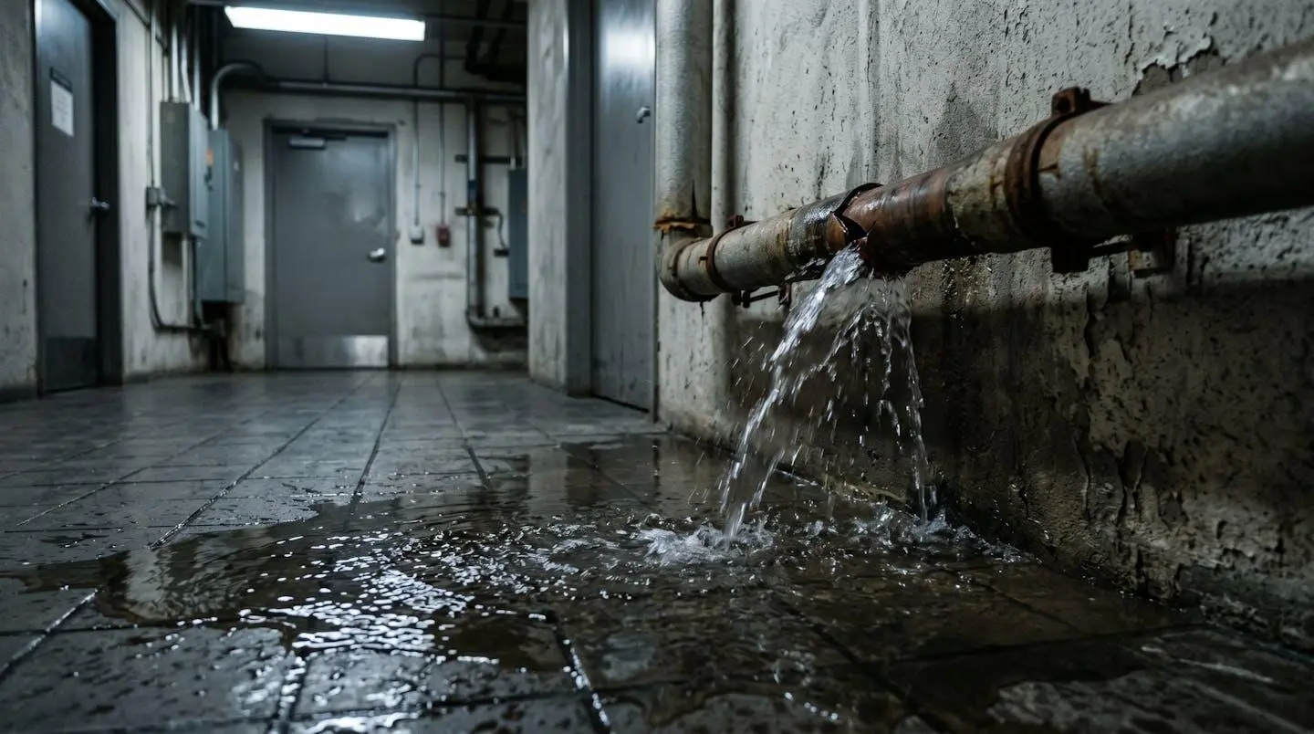 Eau qui s'écoule d'une canalisation endommagée dans un couloir de local commercial