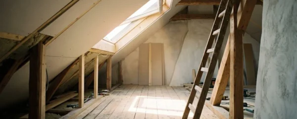Fenêtre de toit ouverte dans des combles en chantier laissant entrer la lumière naturelle sur un plancher bois brut avec échelle d'artisan