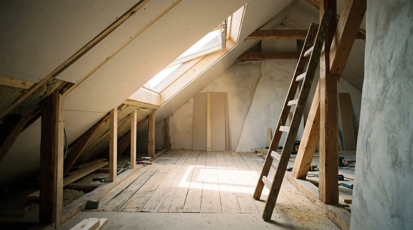 Fenêtre de toit ouverte dans des combles en chantier laissant entrer la lumière naturelle sur un plancher bois brut avec échelle d'artisan