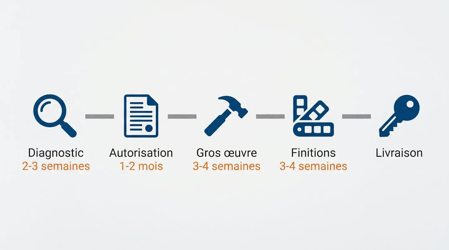 Frise chronologique en 5 étapes du projet d'aménagement de combles avec durées indicatives de chaque phase