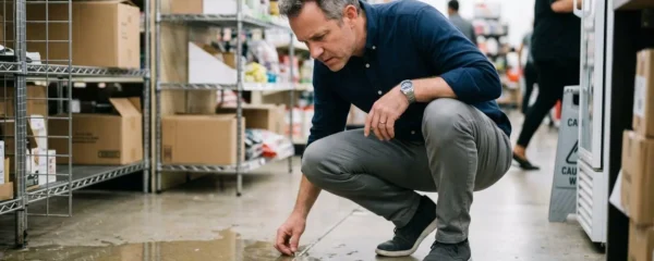 Gestionnaire de commerce inspecte une flaque d'eau au sol dans son local professionnel