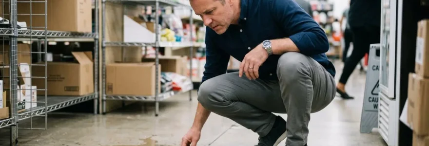 Gestionnaire de commerce inspecte une flaque d'eau au sol dans son local professionnel