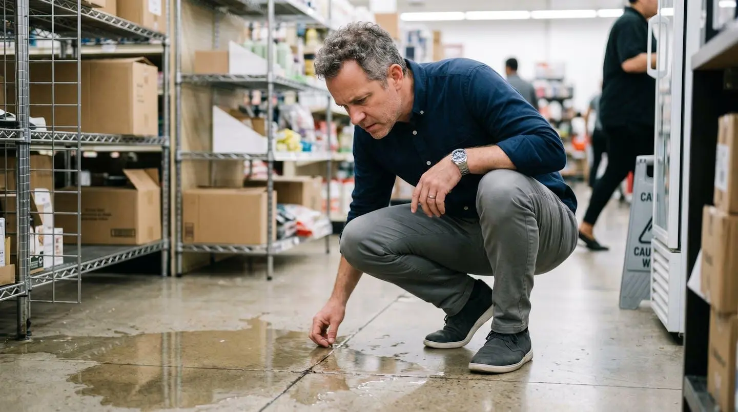 Gestionnaire de commerce inspecte une flaque d'eau au sol dans son local professionnel